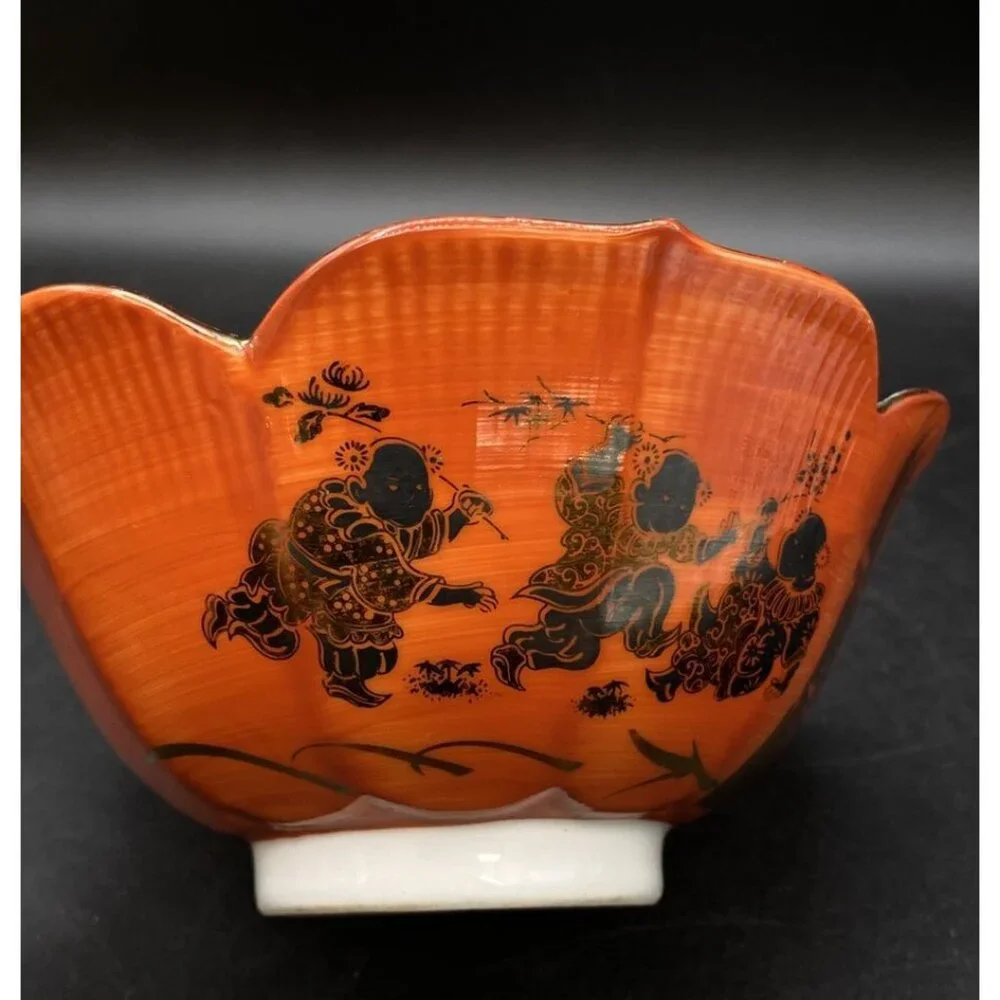 Kutani Jiutao Hand Painted Bamboo Playing Asian Boys Scene Porcelain Lotus Bowl